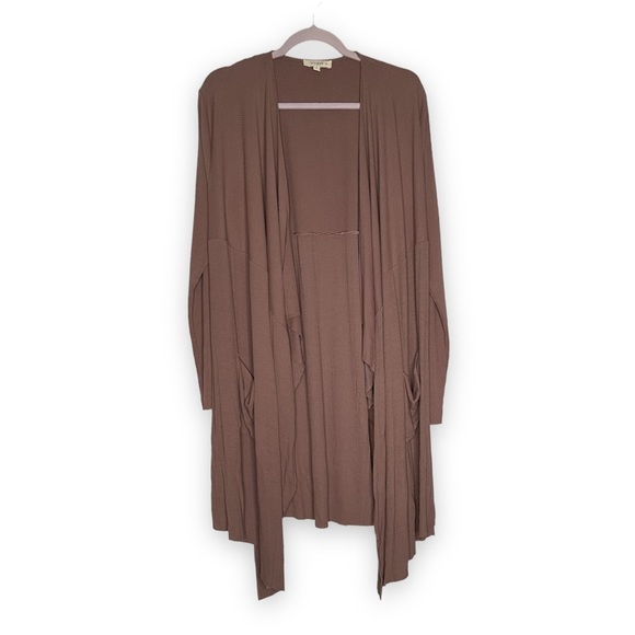 Umgee Long Cardigan Duster Waterfall Raw Hem Ribbed Mocha Tan XL - Picture 9 of 9